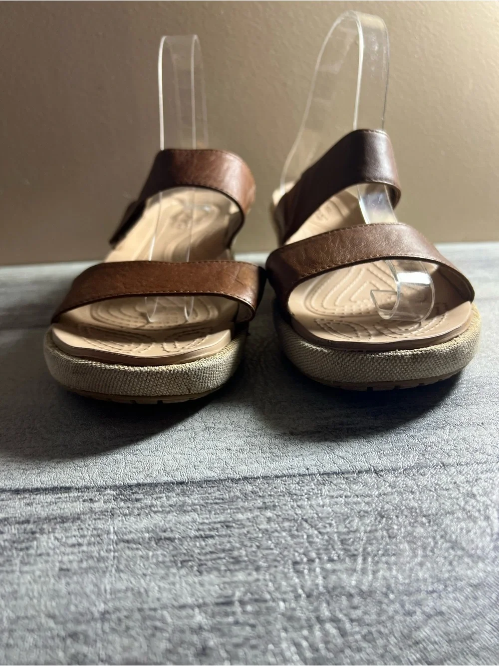 Crocs A-Leigh 2-Strap Mini Wedge Sandals Womens Size 9 Brown Leather Canvas